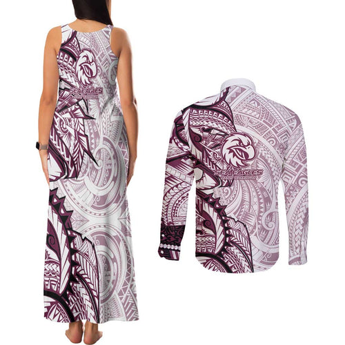Sea Eagles Couples Matching Tank Maxi Dress and Long Sleeve Button Shirt Polynesian Tribal Tattoo Pacific Sport Art