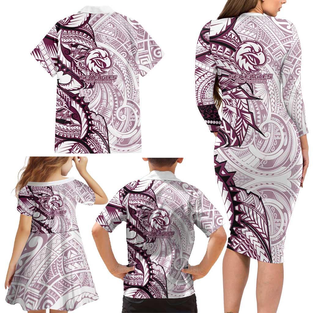 Sea Eagles Family Matching Long Sleeve Bodycon Dress and Hawaiian Shirt Polynesian Tribal Tattoo Pacific Sport Art