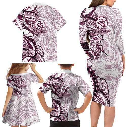 Sea Eagles Family Matching Long Sleeve Bodycon Dress and Hawaiian Shirt Polynesian Tribal Tattoo Pacific Sport Art