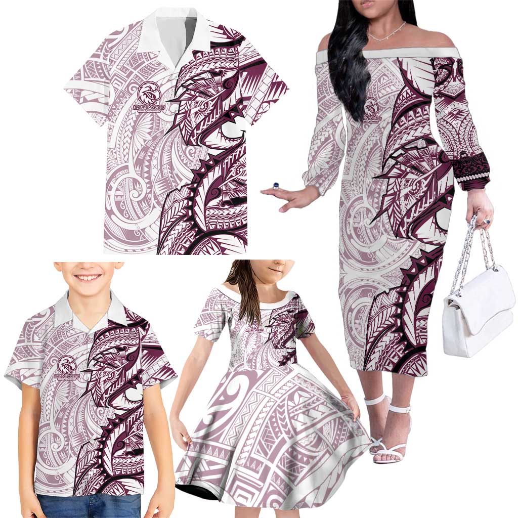 Sea Eagles Family Matching Off The Shoulder Long Sleeve Dress and Hawaiian Shirt Polynesian Tribal Tattoo Pacific Sport Art