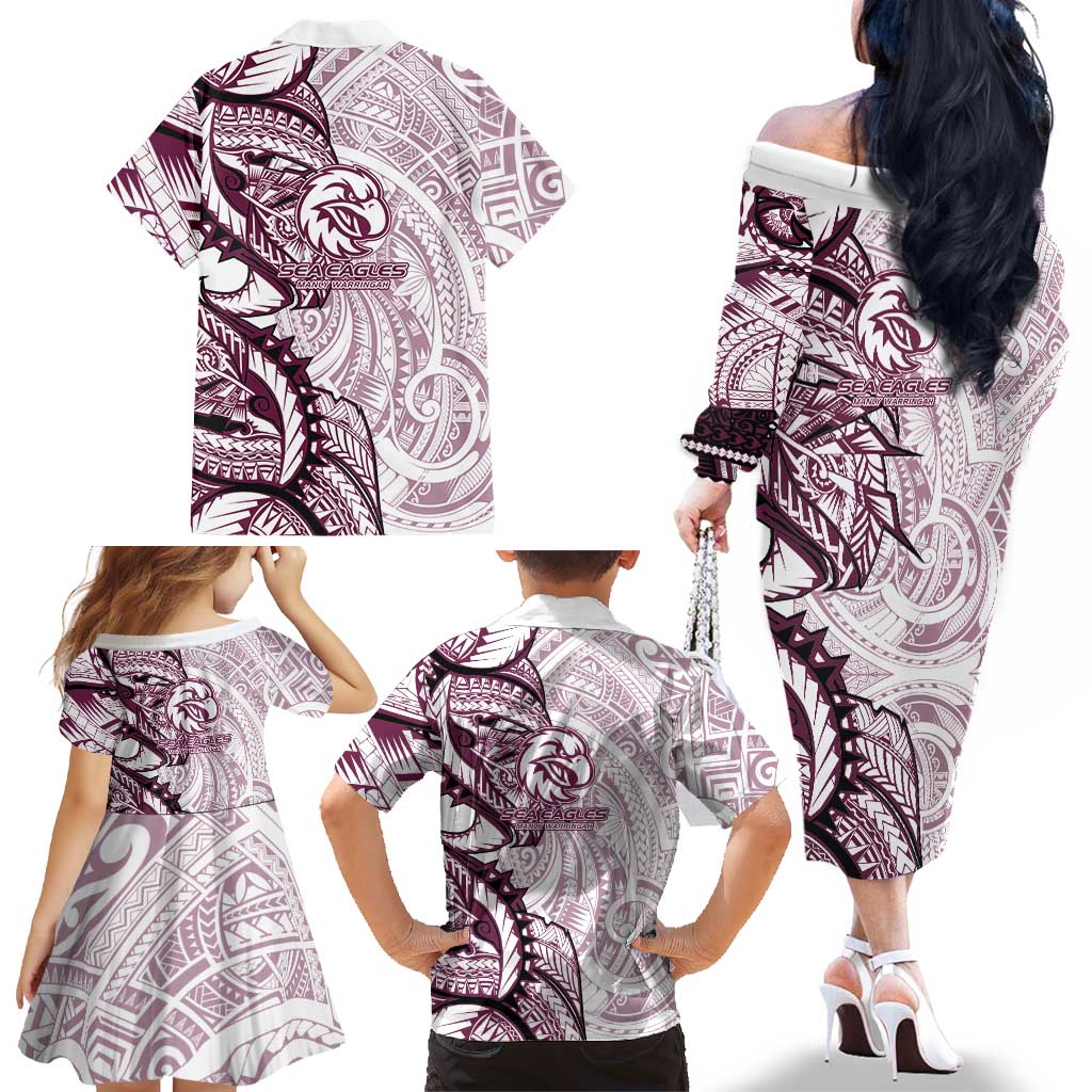 Sea Eagles Family Matching Off The Shoulder Long Sleeve Dress and Hawaiian Shirt Polynesian Tribal Tattoo Pacific Sport Art