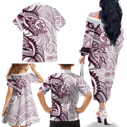 Sea Eagles Family Matching Off The Shoulder Long Sleeve Dress and Hawaiian Shirt Polynesian Tribal Tattoo Pacific Sport Art