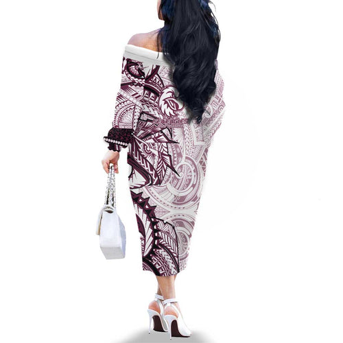 Sea Eagles Family Matching Off The Shoulder Long Sleeve Dress and Hawaiian Shirt Polynesian Tribal Tattoo Pacific Sport Art