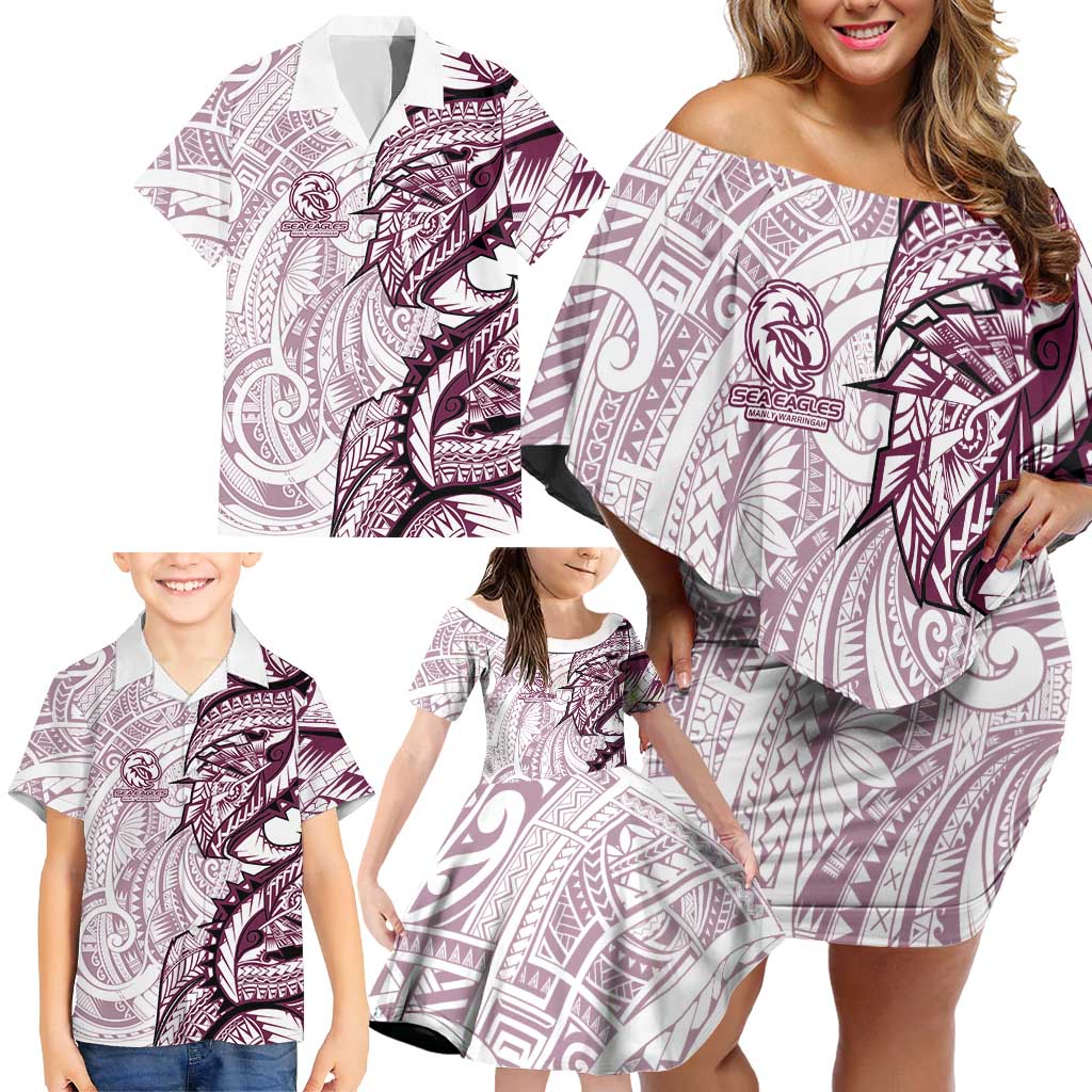 Sea Eagles Family Matching Off Shoulder Short Dress and Hawaiian Shirt Polynesian Tribal Tattoo Pacific Sport Art