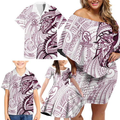 Sea Eagles Family Matching Off Shoulder Short Dress and Hawaiian Shirt Polynesian Tribal Tattoo Pacific Sport Art