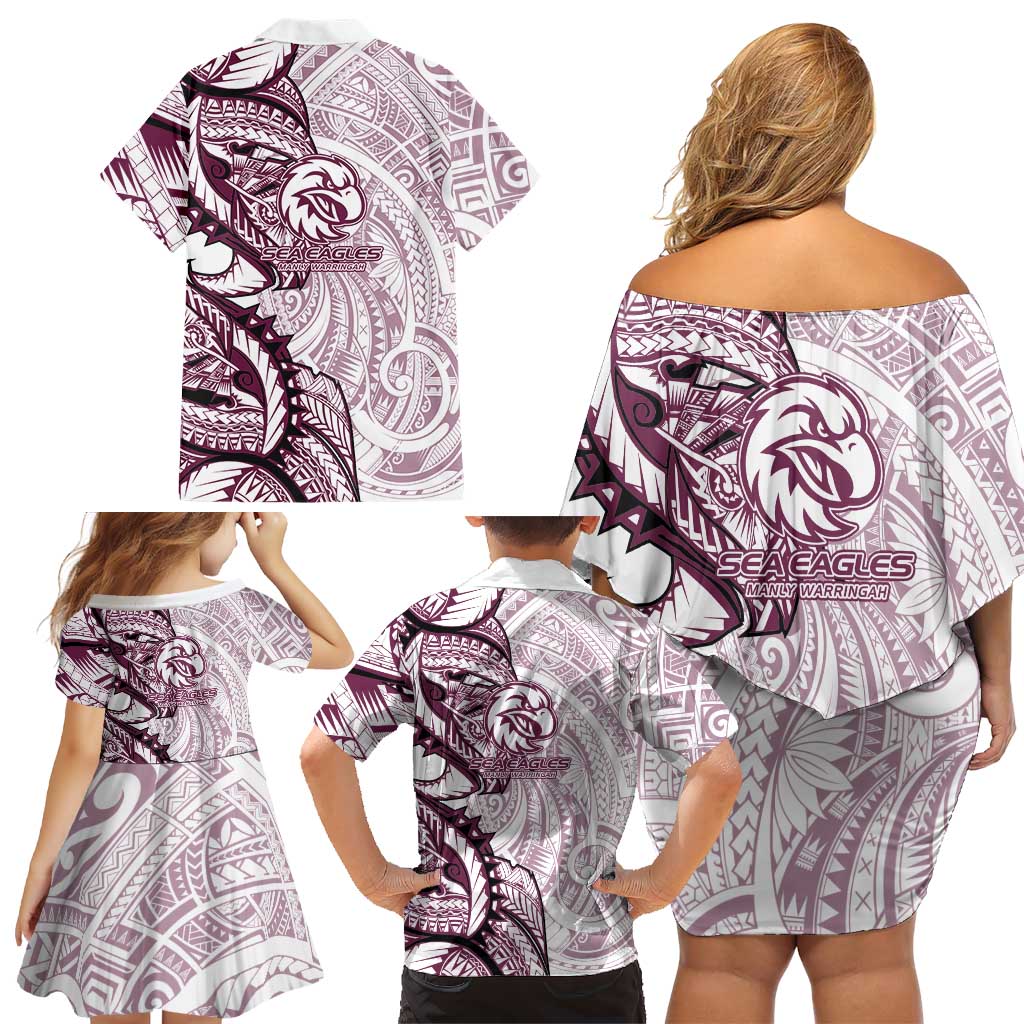 Sea Eagles Family Matching Off Shoulder Short Dress and Hawaiian Shirt Polynesian Tribal Tattoo Pacific Sport Art