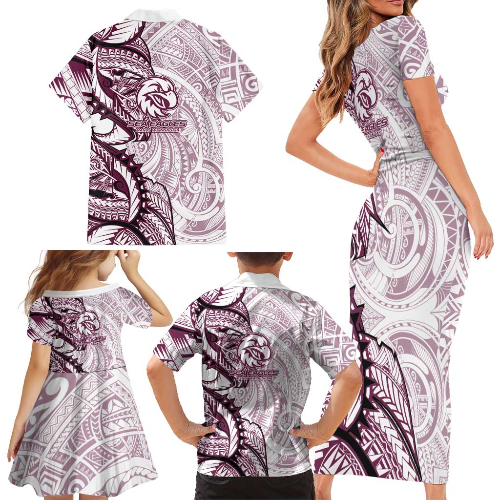 Sea Eagles Family Matching Short Sleeve Bodycon Dress and Hawaiian Shirt Polynesian Tribal Tattoo Pacific Sport Art