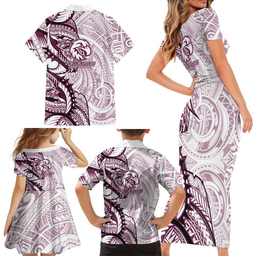 Sea Eagles Family Matching Short Sleeve Bodycon Dress and Hawaiian Shirt Polynesian Tribal Tattoo Pacific Sport Art