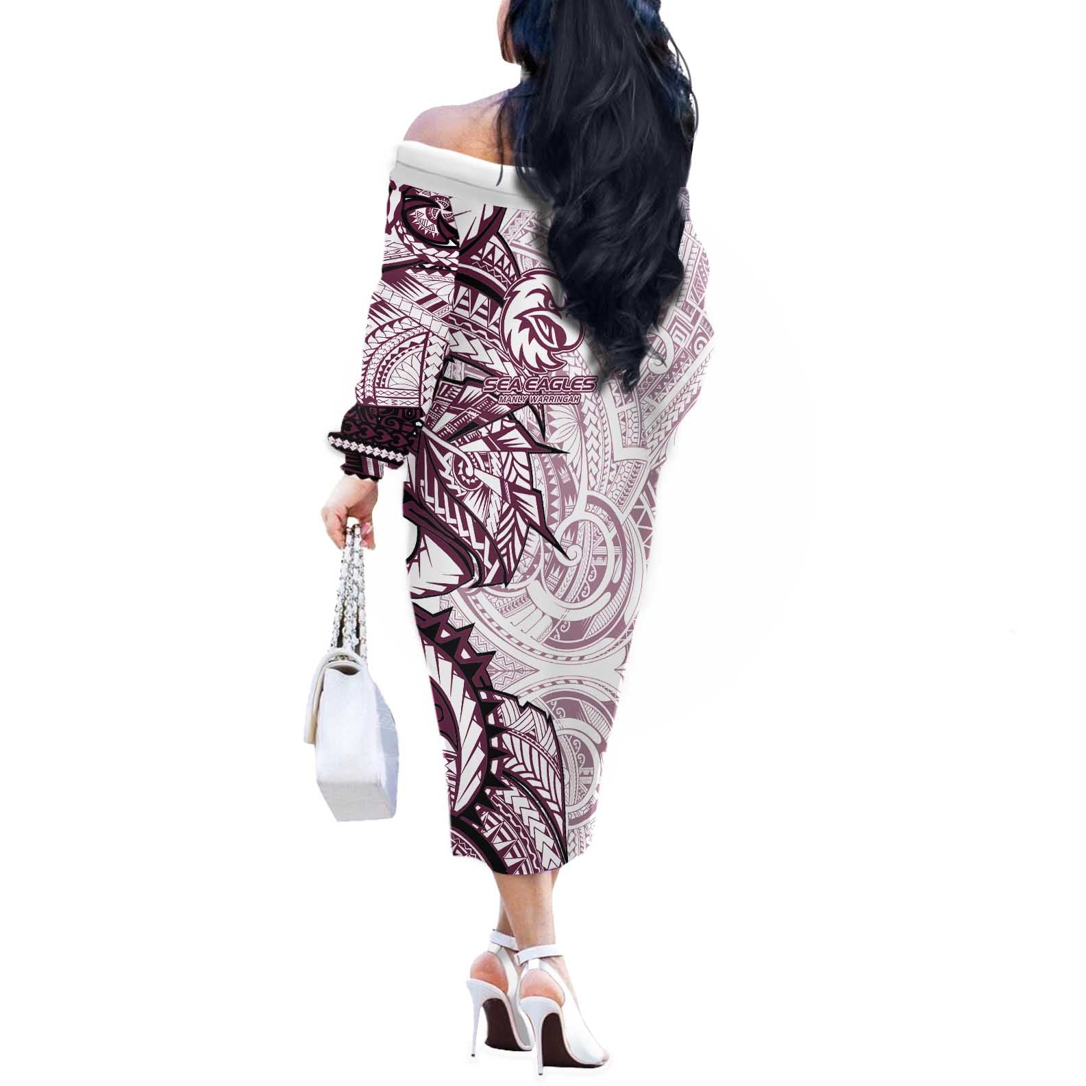 Sea Eagles Off The Shoulder Long Sleeve Dress Polynesian Tribal Tattoo Pacific Sport Art