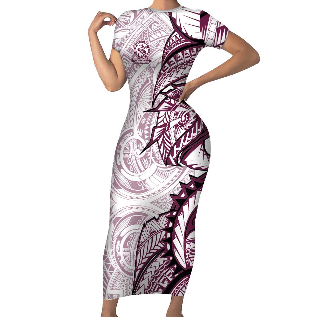 Sea Eagles Short Sleeve Bodycon Dress Polynesian Tribal Tattoo Pacific Sport Art