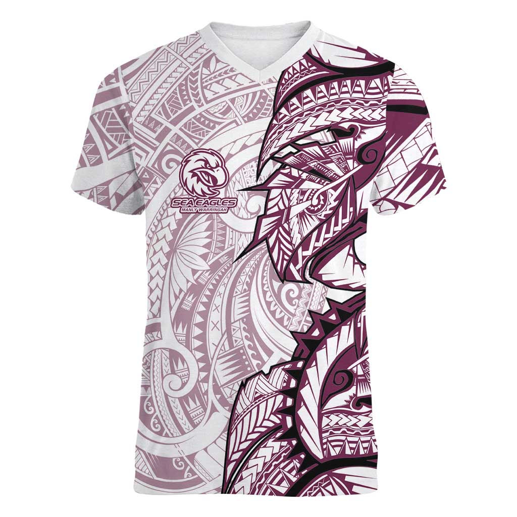 Sea Eagles Women V-Neck T-Shirt Polynesian Tribal Tattoo Pacific Sport Art