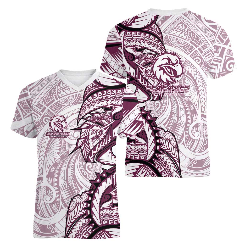 Sea Eagles Women V-Neck T-Shirt Polynesian Tribal Tattoo Pacific Sport Art