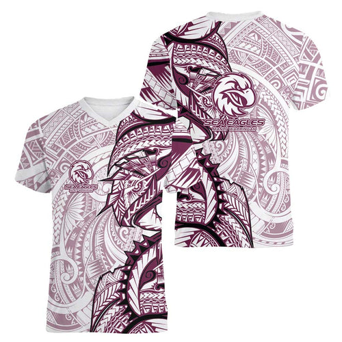 Sea Eagles Women V-Neck T-Shirt Polynesian Tribal Tattoo Pacific Sport Art