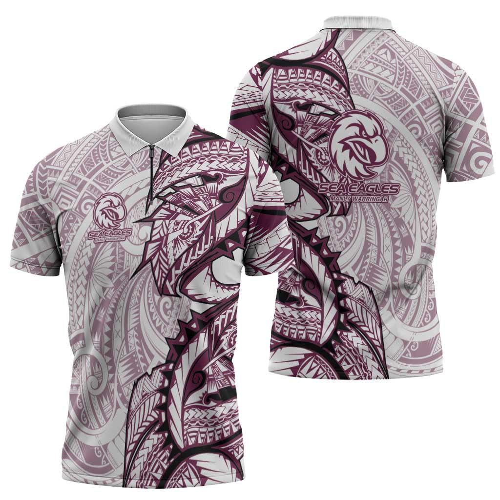 Sea Eagles Zipper Polo Shirt Polynesian Tribal Tattoo Pacific Sport Art