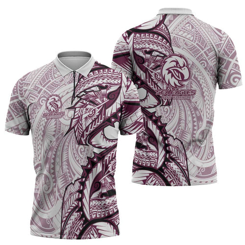 Sea Eagles Zipper Polo Shirt Polynesian Tribal Tattoo Pacific Sport Art