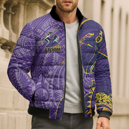 Melbourne Storm Bomber Puffer Jacket Polynesian Tribal Tattoo Pacific Sport Art