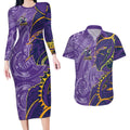 Melbourne Storm Couples Matching Long Sleeve Bodycon Dress and Hawaiian Shirt Polynesian Tribal Tattoo Pacific Sport Art