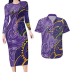 Melbourne Storm Couples Matching Long Sleeve Bodycon Dress and Hawaiian Shirt Polynesian Tribal Tattoo Pacific Sport Art