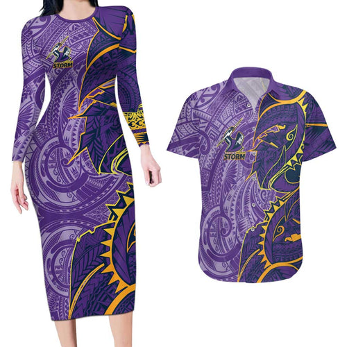 Melbourne Storm Couples Matching Long Sleeve Bodycon Dress and Hawaiian Shirt Polynesian Tribal Tattoo Pacific Sport Art