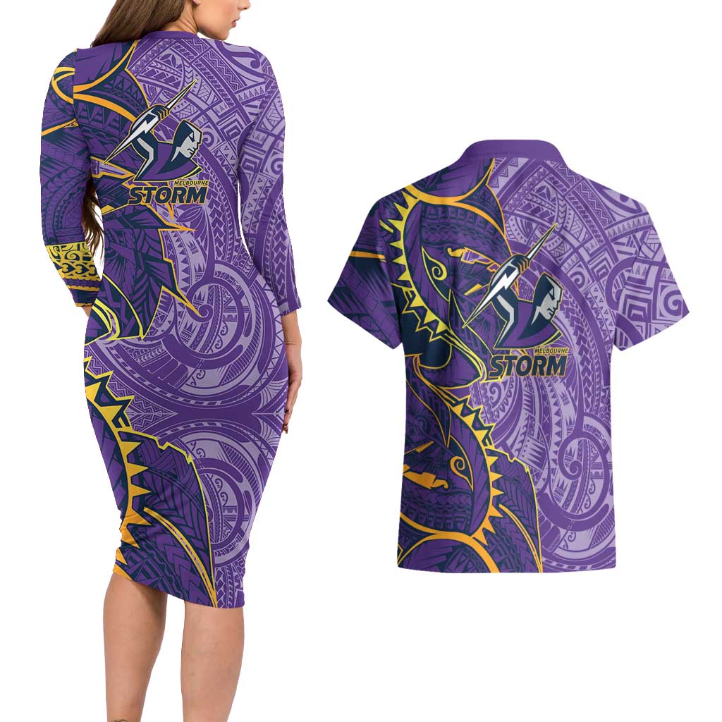 Melbourne Storm Couples Matching Long Sleeve Bodycon Dress and Hawaiian Shirt Polynesian Tribal Tattoo Pacific Sport Art
