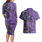 Melbourne Storm Couples Matching Long Sleeve Bodycon Dress and Hawaiian Shirt Polynesian Tribal Tattoo Pacific Sport Art