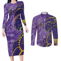 Melbourne Storm Couples Matching Long Sleeve Bodycon Dress and Long Sleeve Button Shirt Polynesian Tribal Tattoo Pacific Sport Art