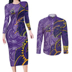 Melbourne Storm Couples Matching Long Sleeve Bodycon Dress and Long Sleeve Button Shirt Polynesian Tribal Tattoo Pacific Sport Art