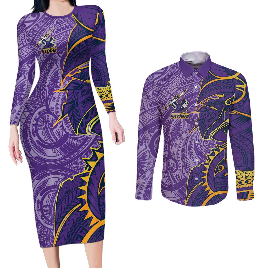 Melbourne Storm Couples Matching Long Sleeve Bodycon Dress and Long Sleeve Button Shirt Polynesian Tribal Tattoo Pacific Sport Art