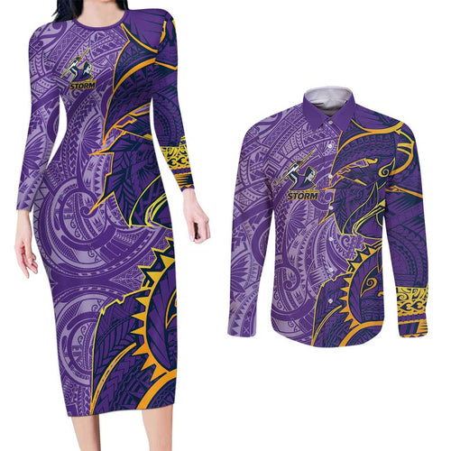 Melbourne Storm Couples Matching Long Sleeve Bodycon Dress and Long Sleeve Button Shirt Polynesian Tribal Tattoo Pacific Sport Art