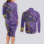 Melbourne Storm Couples Matching Long Sleeve Bodycon Dress and Long Sleeve Button Shirt Polynesian Tribal Tattoo Pacific Sport Art