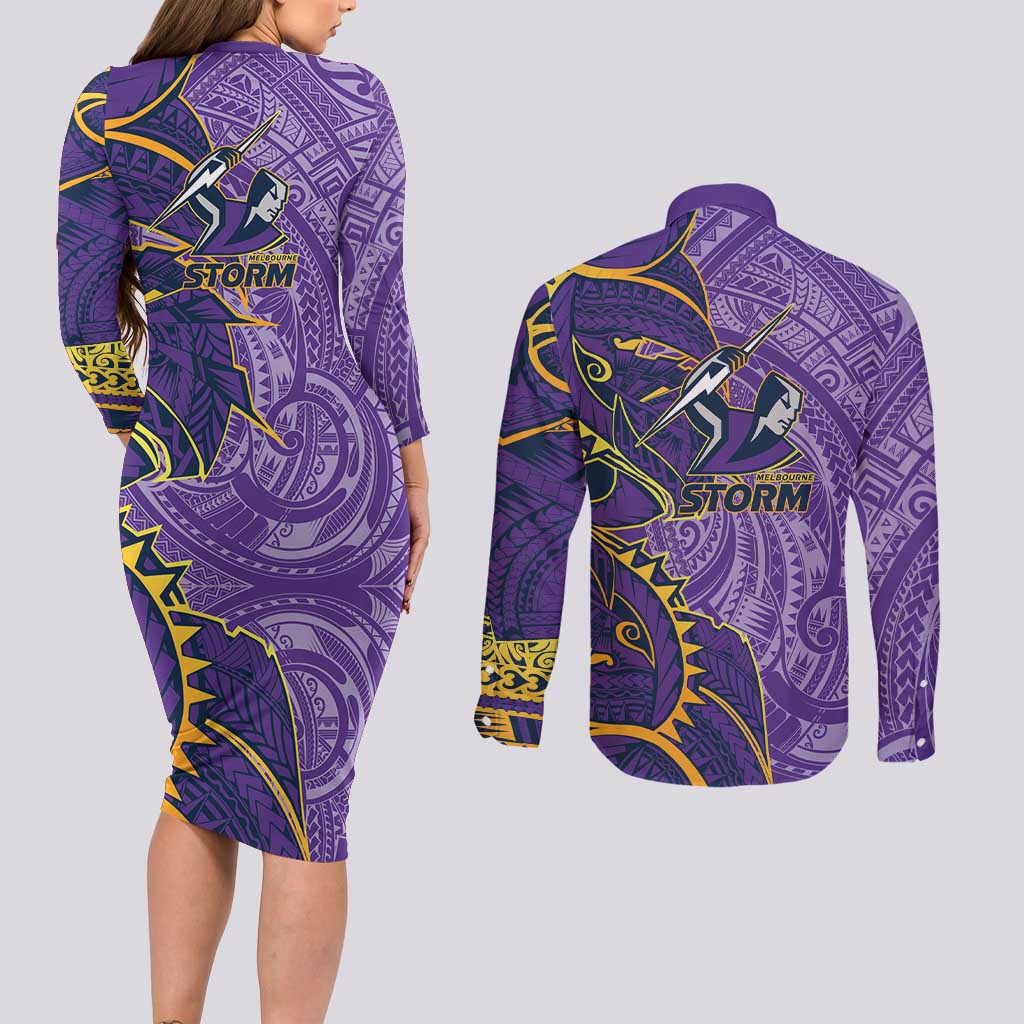 Melbourne Storm Couples Matching Long Sleeve Bodycon Dress and Long Sleeve Button Shirt Polynesian Tribal Tattoo Pacific Sport Art