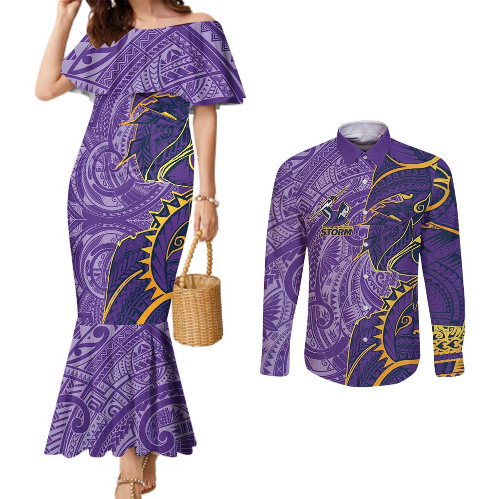 Melbourne Storm Couples Matching Mermaid Dress and Long Sleeve Button Shirt Polynesian Tribal Tattoo Pacific Sport Art