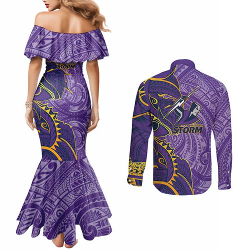 Melbourne Storm Couples Matching Mermaid Dress and Long Sleeve Button Shirt Polynesian Tribal Tattoo Pacific Sport Art