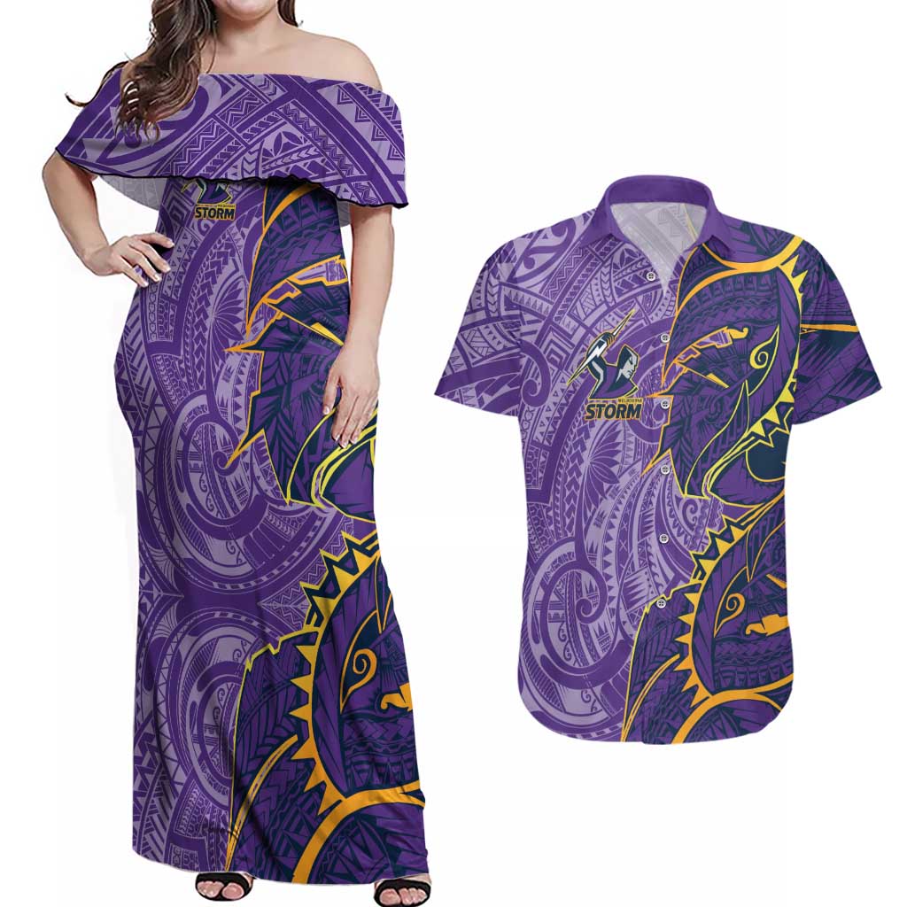 Melbourne Storm Couples Matching Off Shoulder Maxi Dress and Hawaiian Shirt Polynesian Tribal Tattoo Pacific Sport Art