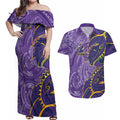 Melbourne Storm Couples Matching Off Shoulder Maxi Dress and Hawaiian Shirt Polynesian Tribal Tattoo Pacific Sport Art