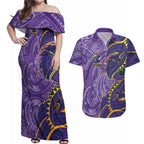 Melbourne Storm Couples Matching Off Shoulder Maxi Dress and Hawaiian Shirt Polynesian Tribal Tattoo Pacific Sport Art