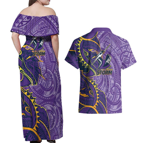 Melbourne Storm Couples Matching Off Shoulder Maxi Dress and Hawaiian Shirt Polynesian Tribal Tattoo Pacific Sport Art