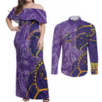 Melbourne Storm Couples Matching Off Shoulder Maxi Dress and Long Sleeve Button Shirt Polynesian Tribal Tattoo Pacific Sport Art