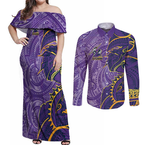 Melbourne Storm Couples Matching Off Shoulder Maxi Dress and Long Sleeve Button Shirt Polynesian Tribal Tattoo Pacific Sport Art