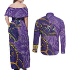 Melbourne Storm Couples Matching Off Shoulder Maxi Dress and Long Sleeve Button Shirt Polynesian Tribal Tattoo Pacific Sport Art