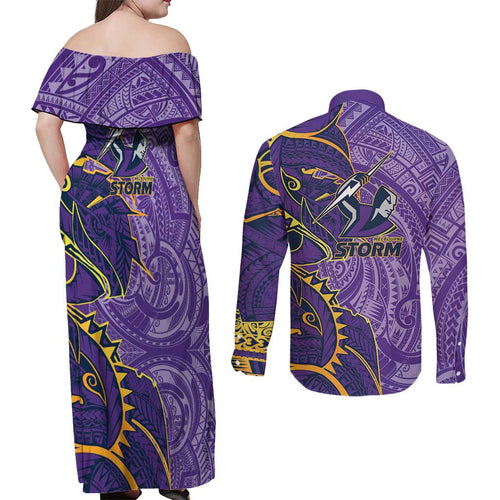Melbourne Storm Couples Matching Off Shoulder Maxi Dress and Long Sleeve Button Shirt Polynesian Tribal Tattoo Pacific Sport Art