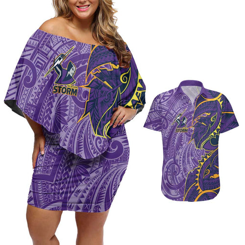 Melbourne Storm Couples Matching Off Shoulder Short Dress and Hawaiian Shirt Polynesian Tribal Tattoo Pacific Sport Art