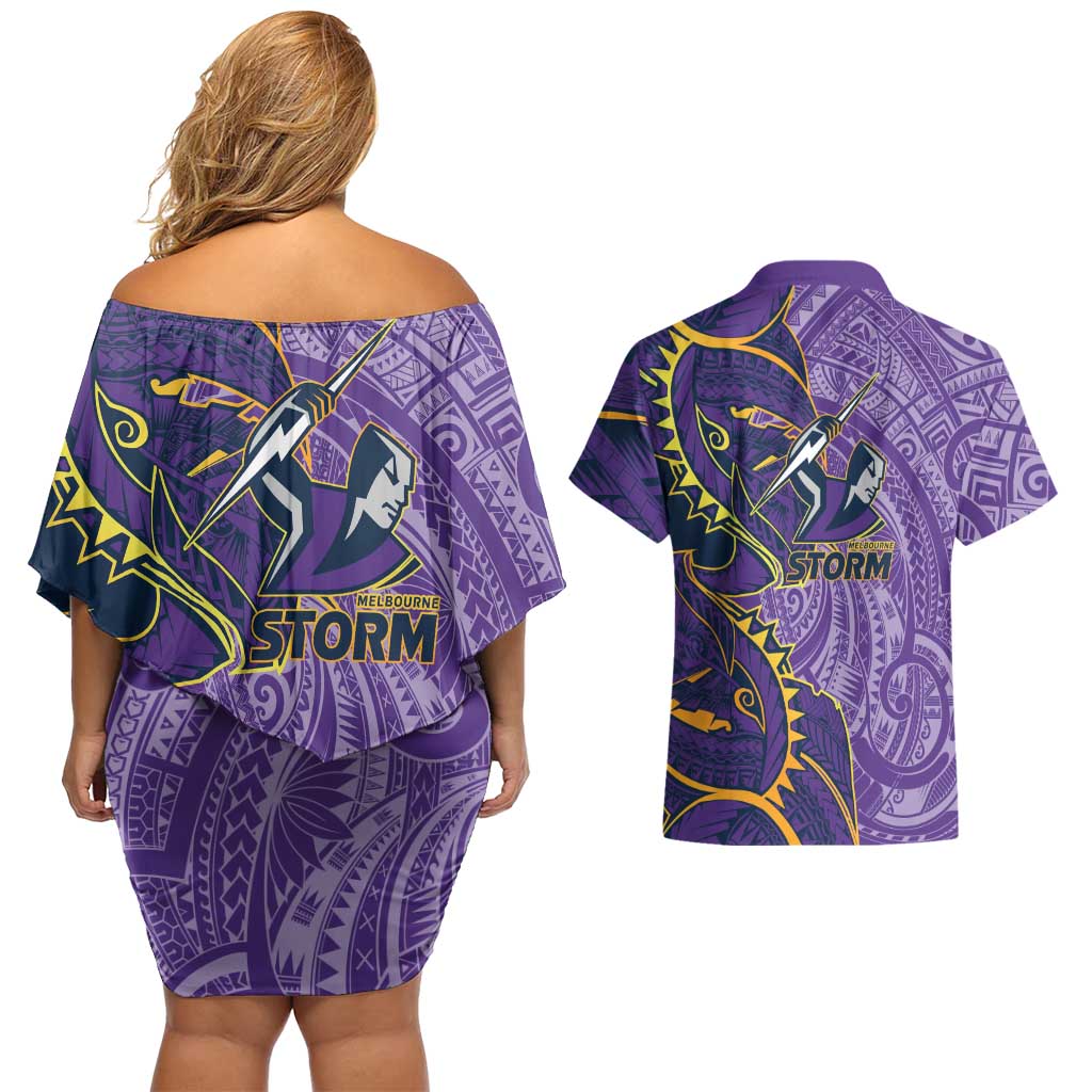 Melbourne Storm Couples Matching Off Shoulder Short Dress and Hawaiian Shirt Polynesian Tribal Tattoo Pacific Sport Art
