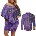 Melbourne Storm Couples Matching Off Shoulder Short Dress and Long Sleeve Button Shirt Polynesian Tribal Tattoo Pacific Sport Art