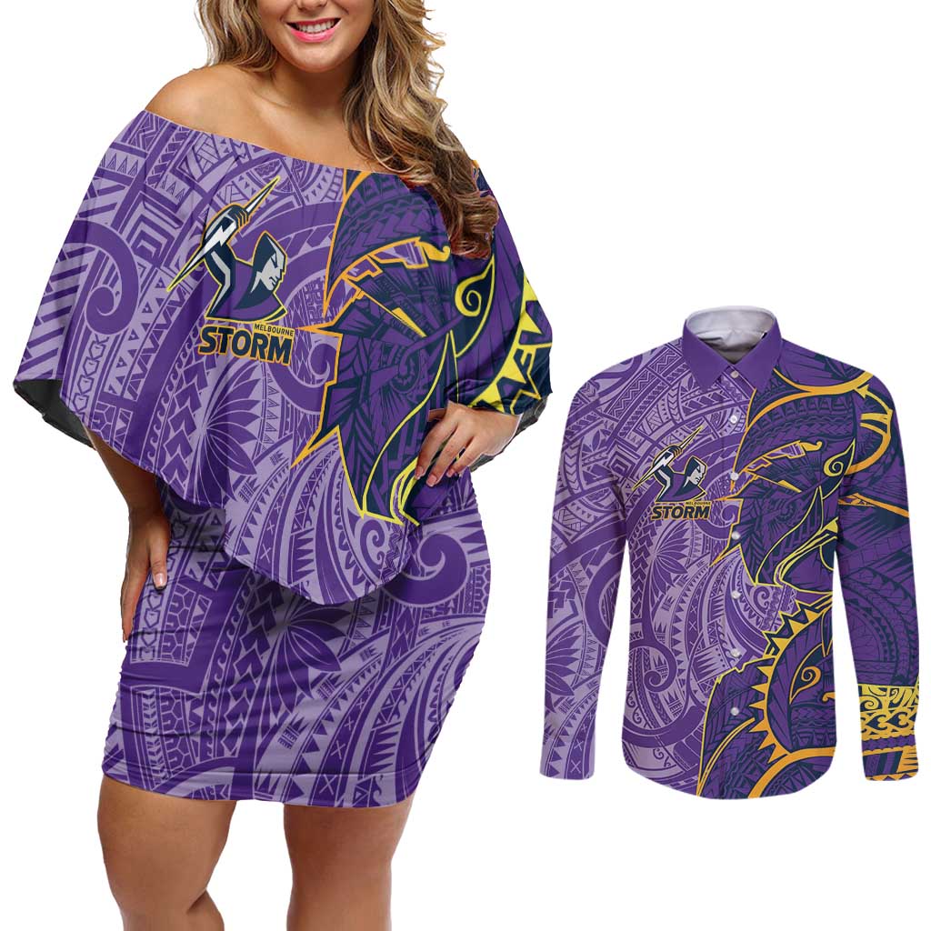 Melbourne Storm Couples Matching Off Shoulder Short Dress and Long Sleeve Button Shirt Polynesian Tribal Tattoo Pacific Sport Art