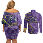 Melbourne Storm Couples Matching Off Shoulder Short Dress and Long Sleeve Button Shirt Polynesian Tribal Tattoo Pacific Sport Art
