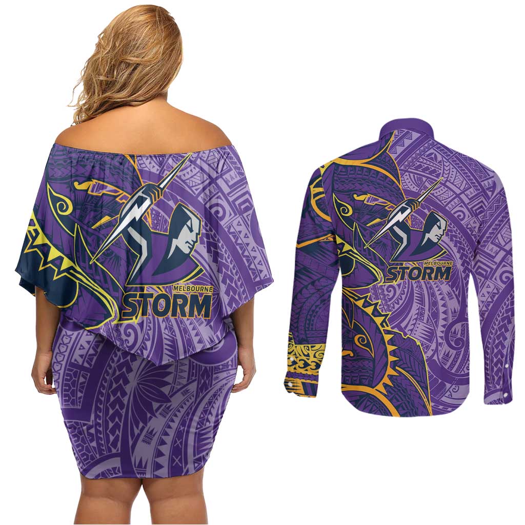 Melbourne Storm Couples Matching Off Shoulder Short Dress and Long Sleeve Button Shirt Polynesian Tribal Tattoo Pacific Sport Art