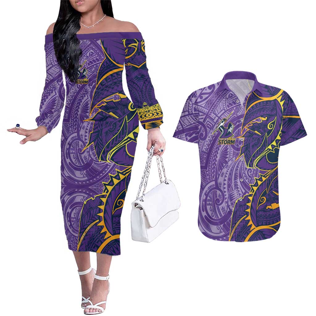 Melbourne Storm Couples Matching Off The Shoulder Long Sleeve Dress and Hawaiian Shirt Polynesian Tribal Tattoo Pacific Sport Art