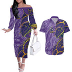 Melbourne Storm Couples Matching Off The Shoulder Long Sleeve Dress and Hawaiian Shirt Polynesian Tribal Tattoo Pacific Sport Art