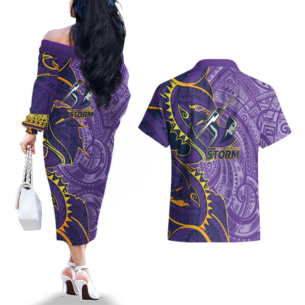 Melbourne Storm Couples Matching Off The Shoulder Long Sleeve Dress and Hawaiian Shirt Polynesian Tribal Tattoo Pacific Sport Art
